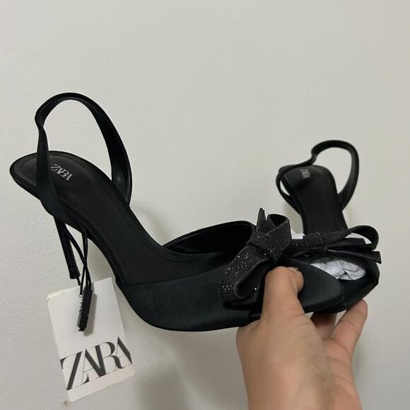 ZARA Embellished Slingback Bow Heels NWT — Size 8 Black Satin - Picture 12 of 16